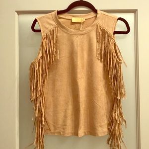 Trendy Tan Ultra Suede Tank With Fringe On Sides